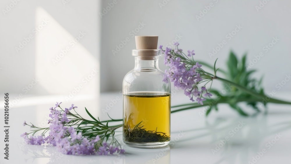 Herbal tincture in glass bottle with purple flowers. Herbal tincture in glass bottle with purple flowers.