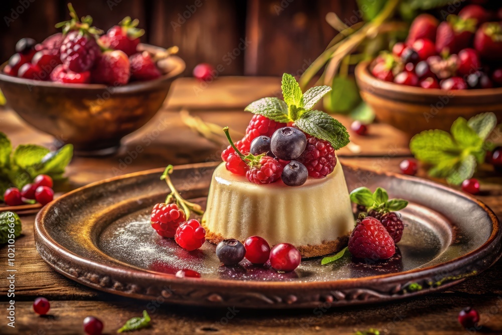 Delightful dessert adorned with luscious red berries and exquisite garnishes, captured in vintage photography, creating an enchanting atmosphere for Delightful dessert adorned with luscious red berries and exquisite garnishes, captured in vintage photography, creating an enchanting atmosphere for