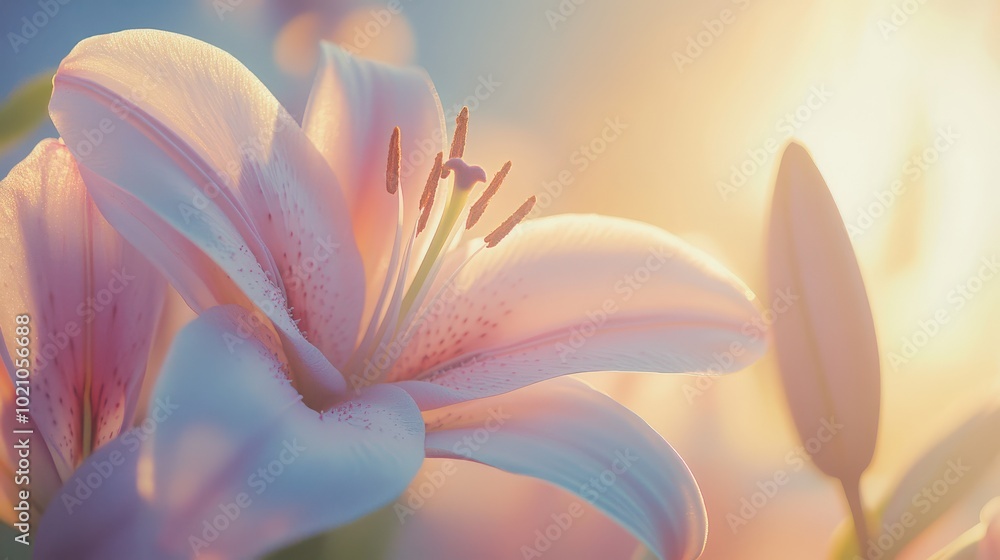 Close-up of pink lilies basking in warm golden sunlight, showcasing their delicate petals and natural beauty. Close-up of pink lilies basking in warm golden sunlight, showcasing their delicate petals and natural beauty.