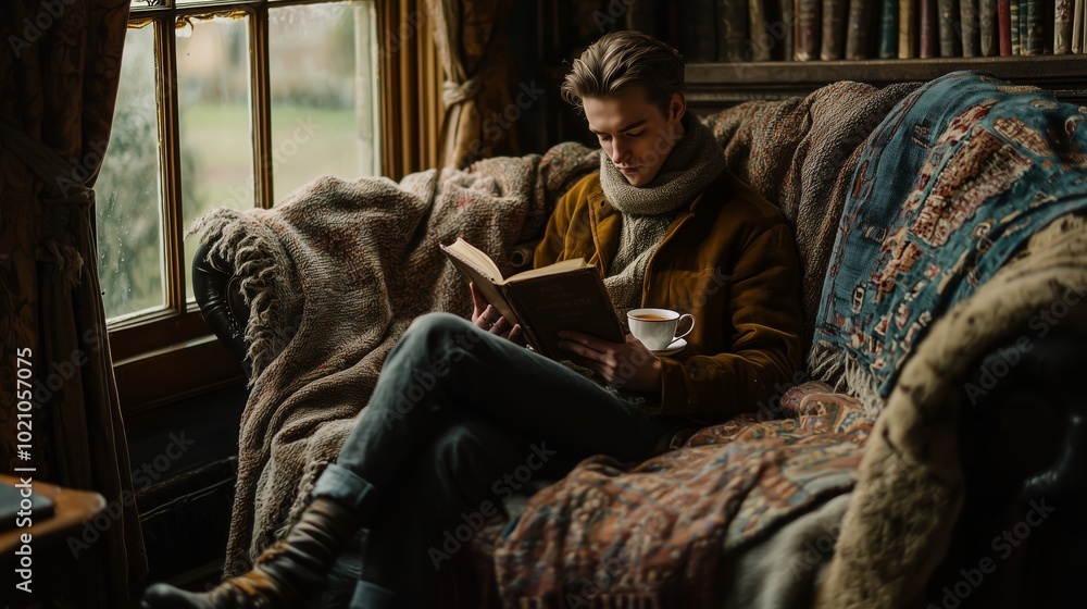 Relaxing Person Reading by Window in Cozy Setting Relaxing Person Reading by Window in Cozy Setting