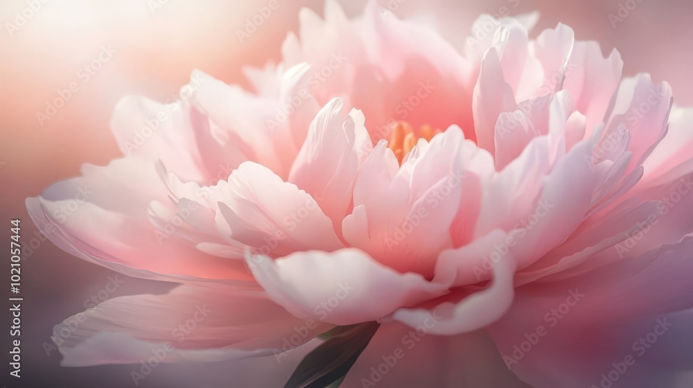 Close-up of a delicate pink peony with soft, dewy petals in warm, gentle light. Close-up of a delicate pink peony with soft, dewy petals in warm, gentle light.