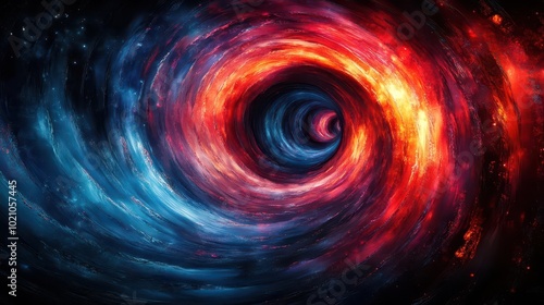 dynamic red and blue spirals interwoven in a mesmerizing dance forming a cosmic circle orbit on a velvety dark backdrop inviting text placement in the center