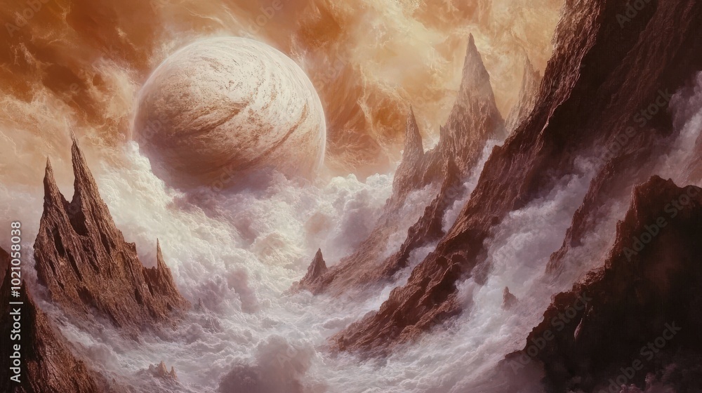 Majestic alien landscape with a giant planet and rocky peaks under swirling clouds. Majestic alien landscape with a giant planet and rocky peaks under swirling clouds.