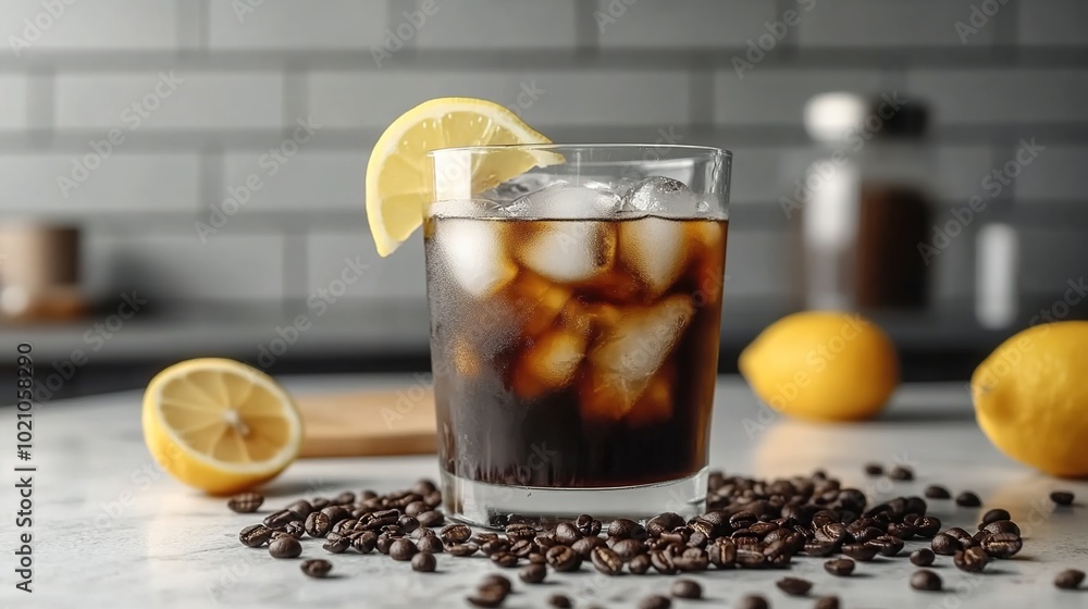 A cold black coffee drink with ice cubes, garnished with a lemon slice and surrounded by scattered brown coffee beans on the countertop A cold black coffee drink with ice cubes, garnished with a lemon slice and surrounded by scattered brown coffee beans on the countertop