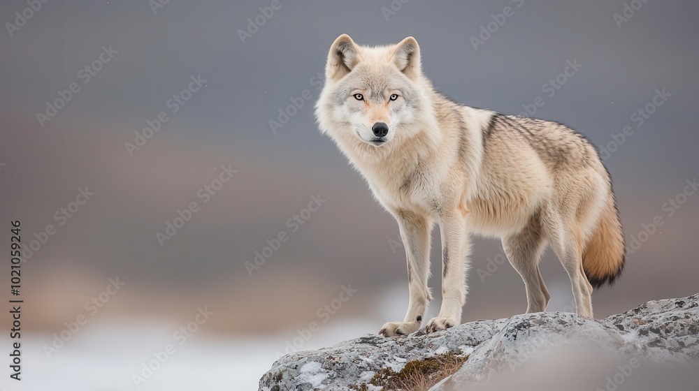 A lone wolf standing on a rock, showcasing its striking fur and keen gaze. A lone wolf standing on a rock, showcasing its striking fur and keen gaze.