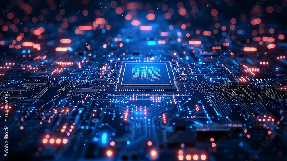 Obraz premium High-Performance Microprocessor Surrounded by Glowing Circuits. Generative AI