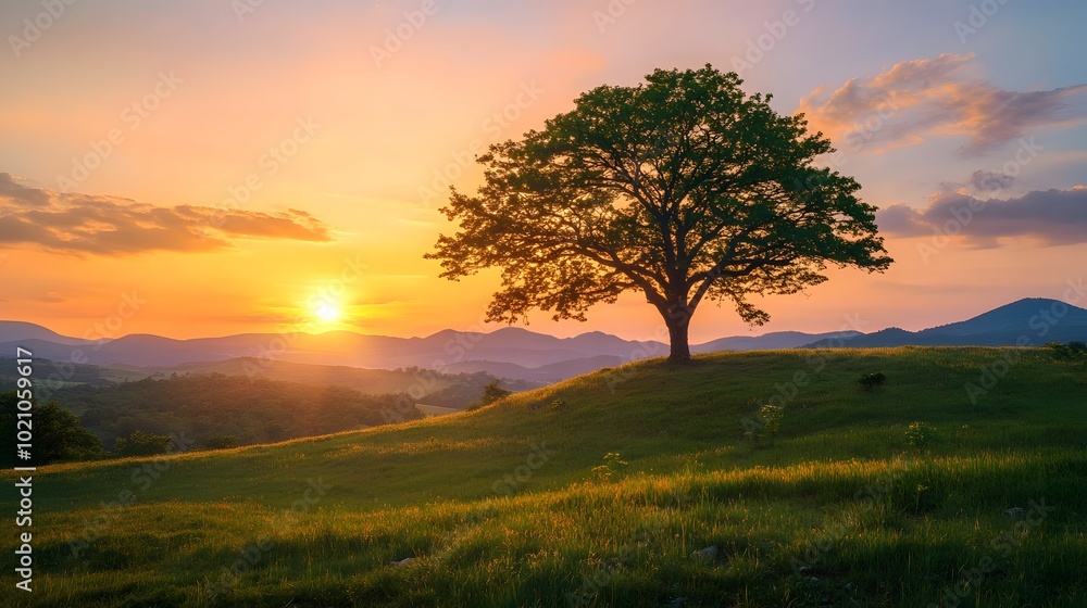 A lone tree on the horizon against an orange and blue sky at sunset, standing tall in green grassy hills with distant mountains. A lone tree on the horizon against an orange and blue sky at sunset, standing tall in green grassy hills with distant mountains.