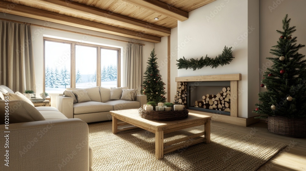 Fototapeta premium A cozy, winter living room featuring a fireplace, Christmas trees, soft furnishings, and large windows letting in natural light.