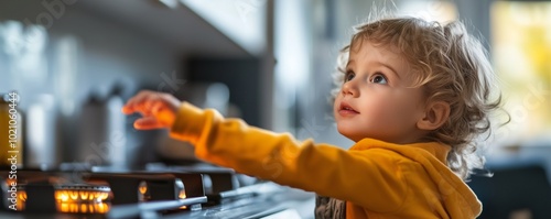 Child reaching for a hot stove, highlighting the risk of burns in the home, burn hazard, kitchen accident