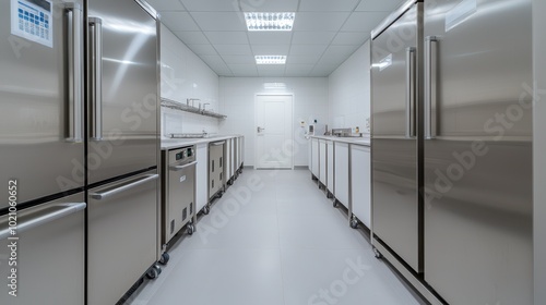 A modern kitchen space featuring multiple stainless steel refrigerators and clean  organized surfaces  ideal for food preparation and storage.