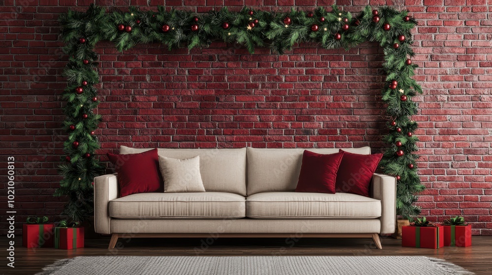 Obraz premium A cozy living room featuring a beige sofa adorned with red pillows, framed by a festive garland against a rustic brick wall.