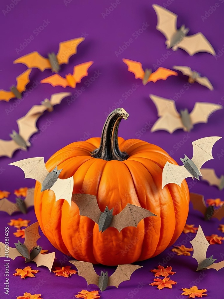 A pumpkin encircled by paper bats purple backdrop flat lay copy space the theme of halloween and festive decorations halloween backdrop A pumpkin encircled by paper bats purple backdrop flat lay copy space the theme of halloween and festive decorations halloween backdrop