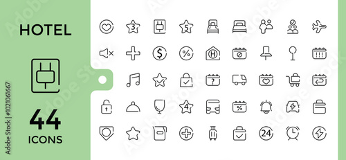 Hotel Line Icons set. Minimal thin line style hotel services icons collection. Parking, car, cleaning and more. Editable stroke, pixel perfect, vector illustration.