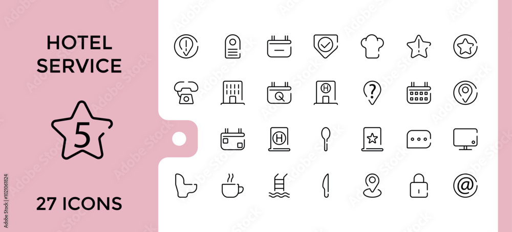 Set of hotel service line icons set. Hotel element thin symbol collection. Dor, sofa, Reception, Parking and more, Editable stroke and pixel perfect. Set of hotel service line icons set. Hotel element thin symbol collection. Dor, sofa, Reception, Parking and more, Editable stroke and pixel perfect.