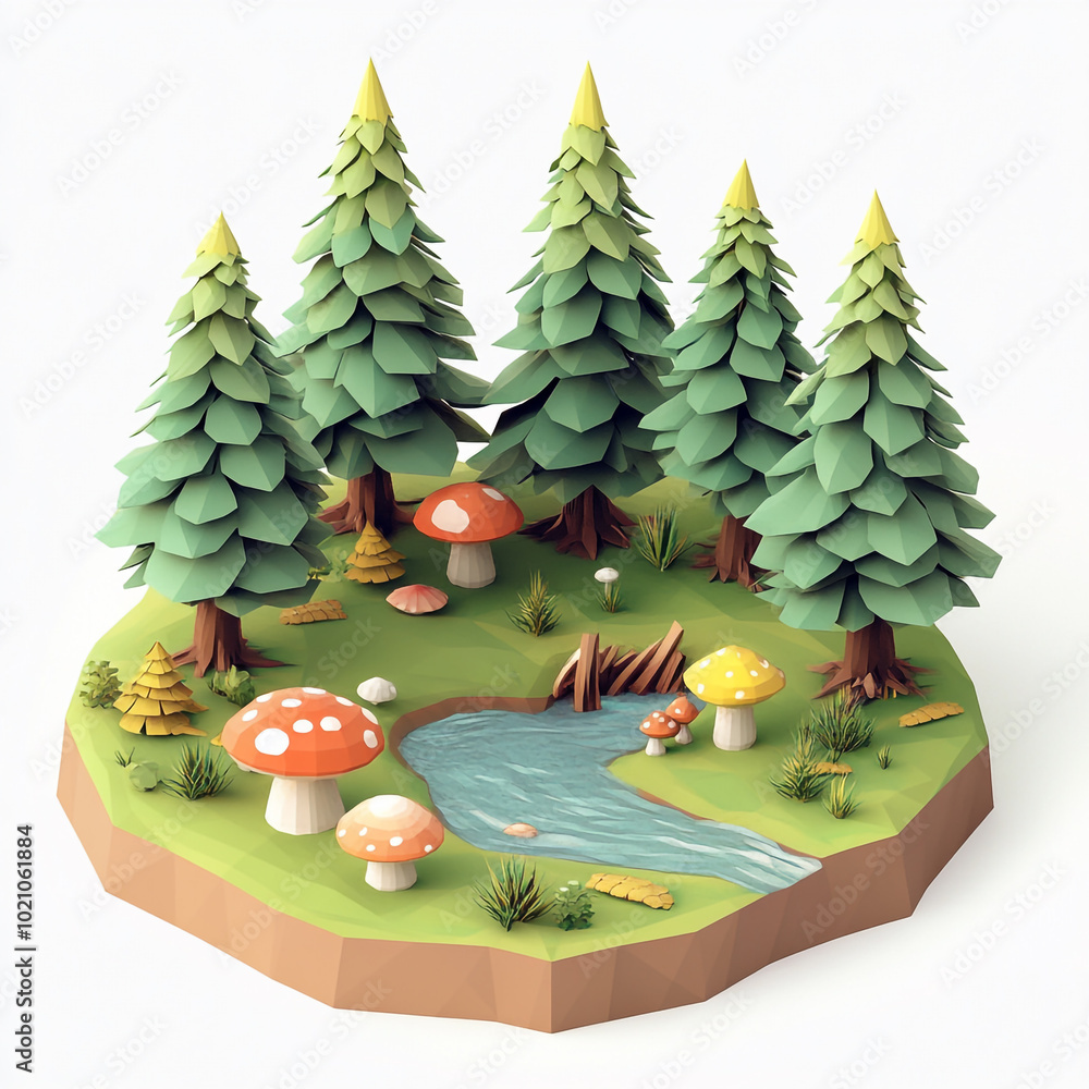Naklejka premium 3D isometric rendering of a forest with pine trees and mushrooms in a low poly style. 