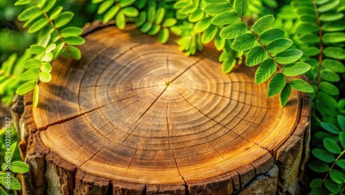 Tree Trunk Cross Section With Lush Green Foliage