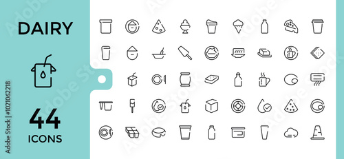 Set of line icons about dairy items. Milk, cheese, Butter, cream and more, Outline icon collections, Editable stroke. pixel perfect. Vector illustration.