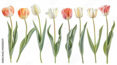 Eight Colorful Tulips Isolated on White Background