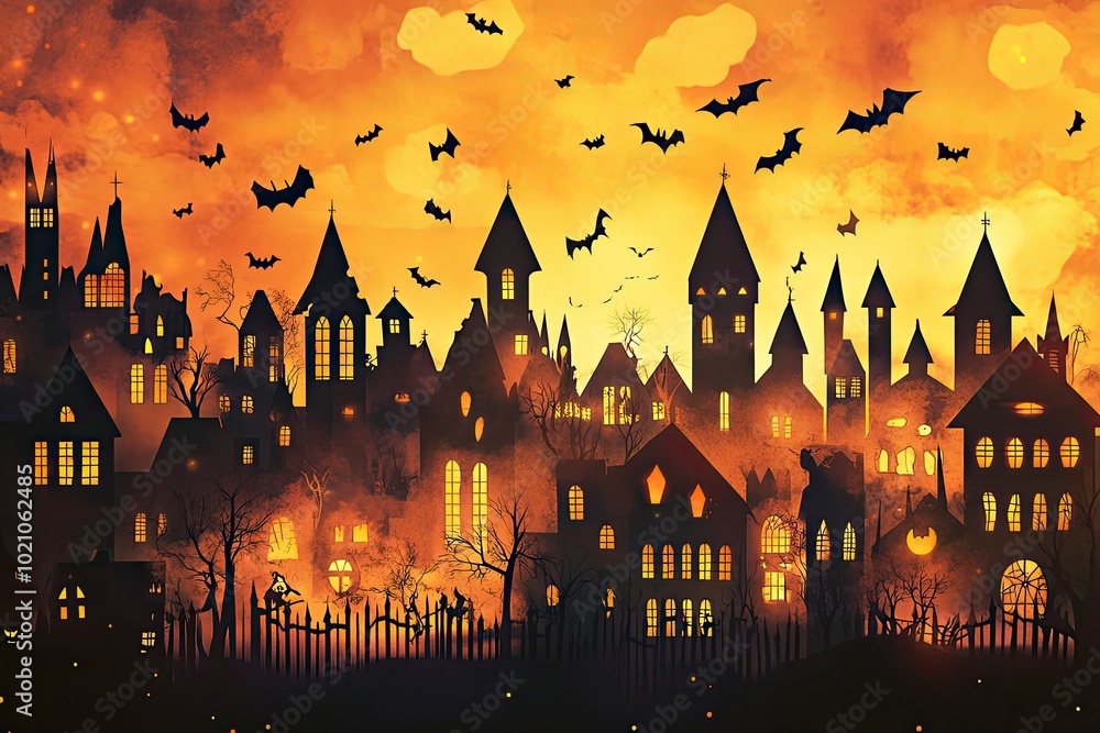 Halloween 2022. City panorama in halloween style. Scary halloween isolated background. Orange and yellow background. Vector illustration, 3d render with generative ai Halloween 2022. City panorama in halloween style. Scary halloween isolated background. Orange and yellow background. Vector illustration, 3d render with generative ai