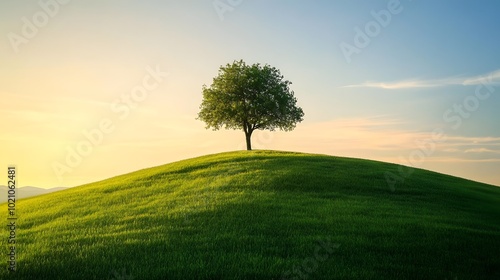 A lone tree on the horizon against an orange and blue sky at sunset, standing tall in green grassy hills with distant mountains.