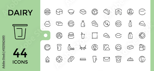 Set of line icons about dairy items. Milk, cheese, Butter, cream and more, Outline icon collections, Editable stroke. pixel perfect. Vector illustration.