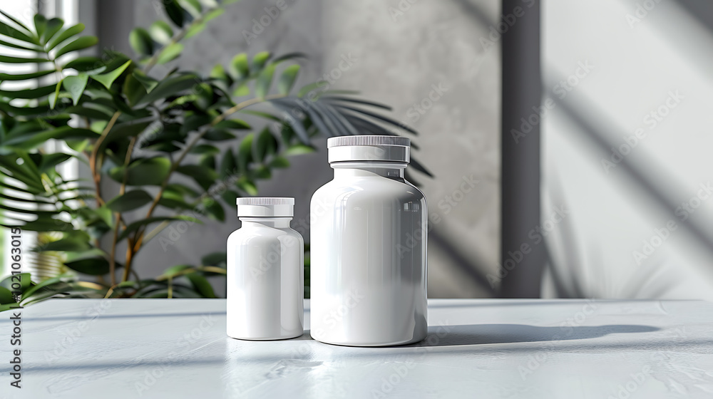 Two white pill bottles sit on a table, ready for a label. The bottles are sitting in front of a plant and a window. Two white pill bottles sit on a table, ready for a label. The bottles are sitting in front of a plant and a window.