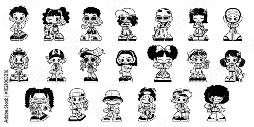 Vector Girls And Boys Characters Retro Cartoon Y2k Style Set Illustration Isolated