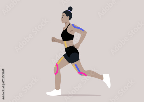 A female athlete elegantly runs, her body adorned with vivid taping on key muscle groups, symbolizing strength and recovery, set against a soothing pastel backdrop that enhances the action
