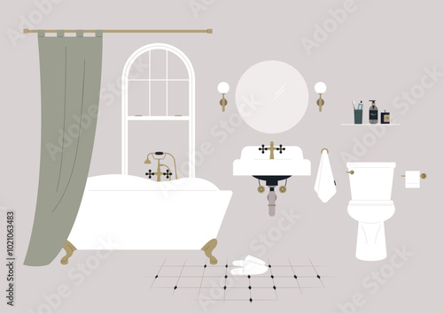 This bathroom showcases a charming tub, sleek sink, and contemporary toilet, all enhanced by soothing pastel hues and tasteful decor, perfect for relaxation and rejuvenation