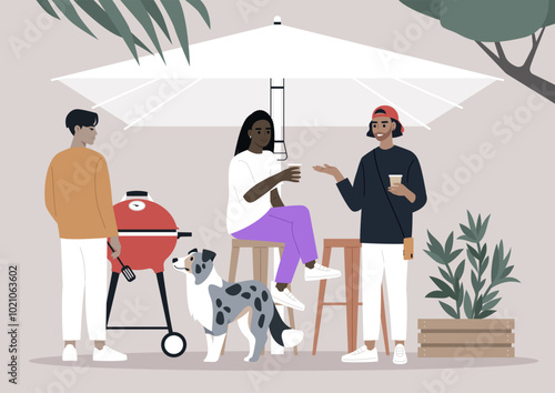 A vibrant backyard BBQ party unfolds as friends gather to share laughter and stories while tending to the grill, enjoying drinks, and keeping a playful dog entertained in the warm sunshine