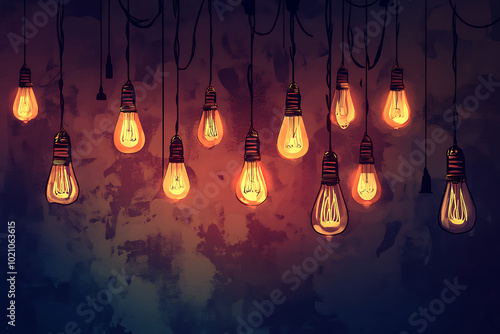 A collection of hanging light bulbs illuminating a textured wall background.
