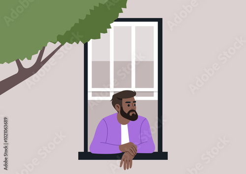 A contemplative bearded man leans against a window frame, gazing thoughtfully at the outdoors, immersed in his thoughts during a quiet afternoon moment enriched by nature