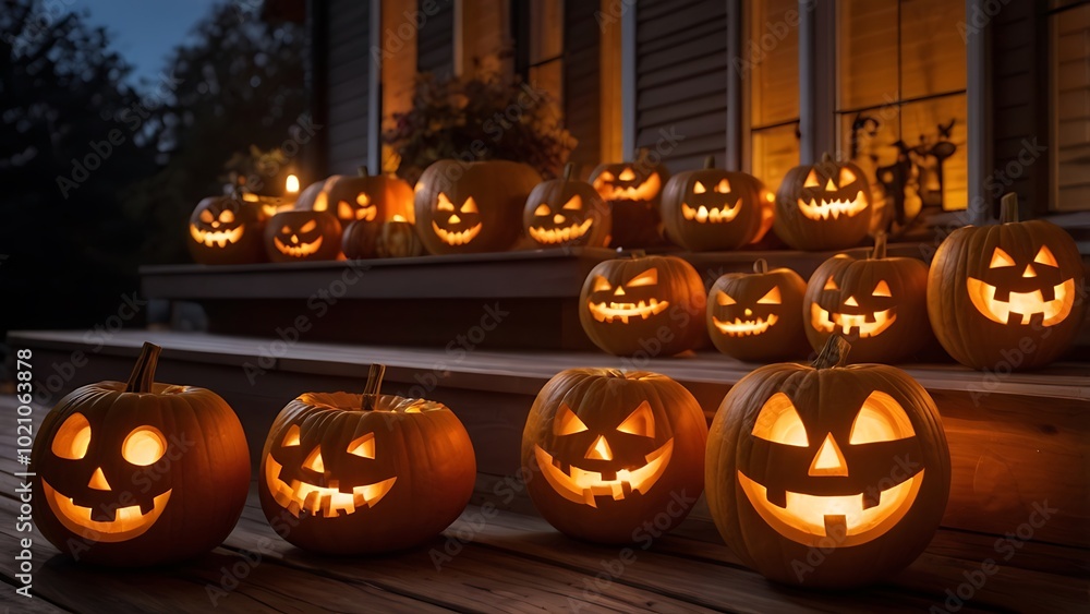 Obraz premium A row of carved jack-o'-lanterns glowing brightly, sitting on a wooden porch illuminated by candlelight, setting the perfect Halloween night mood.