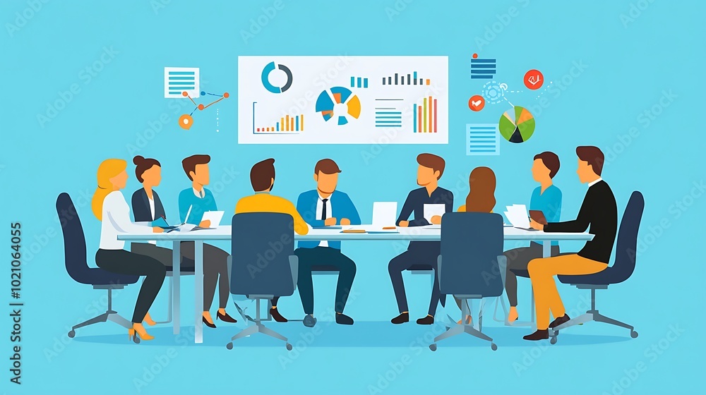 Businesspeople Meeting Around Table with Data Visualizations Businesspeople Meeting Around Table with Data Visualizations