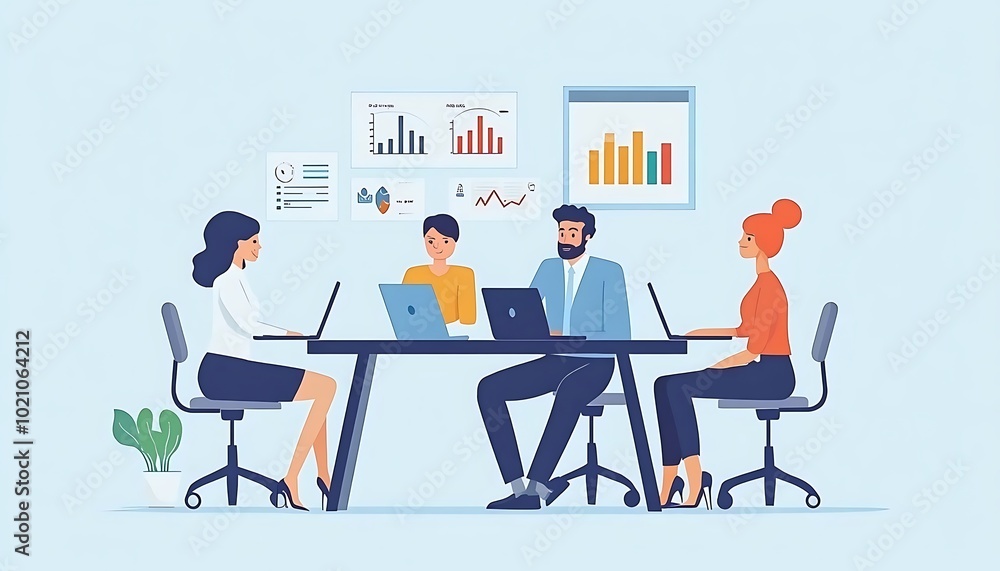 Businesspeople Analyzing Data on Laptops Around a Table Businesspeople Analyzing Data on Laptops Around a Table
