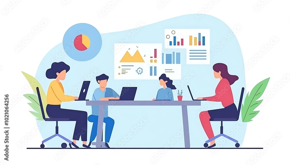 Team of Four Working on Laptops and Analyzing Charts Team of Four Working on Laptops and Analyzing Charts