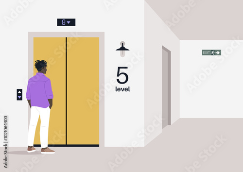 A character approaches an elevator on the fifth level, contemplating their next move in a modern, minimalist hallway adorned with subtle lighting