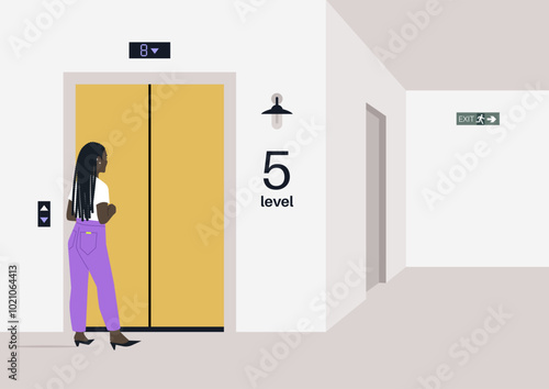 A character approaches an elevator on the fifth level, contemplating their next move in a modern, minimalist hallway adorned with subtle lighting