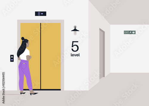 A character approaches an elevator on the fifth level, contemplating their next move in a modern, minimalist hallway adorned with subtle lighting