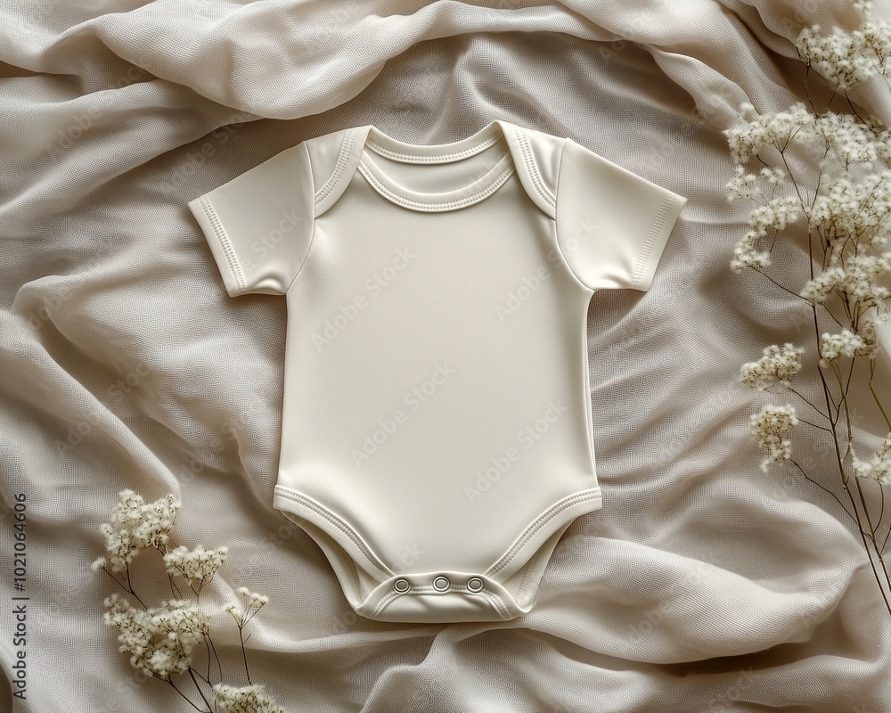 Flat lay of blank baby onesie mockup on soft fabric background, neutral tones, perfect for customizable children's apparel Flat lay of blank baby onesie mockup on soft fabric background, neutral tones, perfect for customizable children's apparel