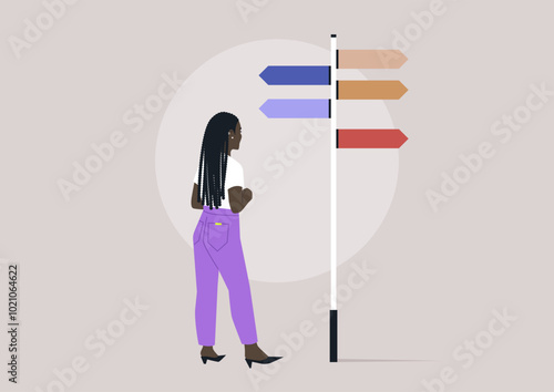 A figure stands thoughtfully at a vibrant signpost with multiple arrows, reflecting on various paths and possibilities, The backdrop suggests a contemporary, minimalistic setting