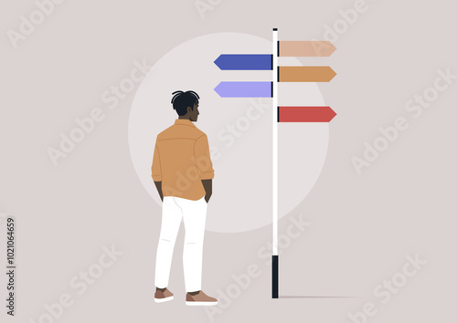 A figure stands thoughtfully at a vibrant signpost with multiple arrows, reflecting on various paths and possibilities, The backdrop suggests a contemporary, minimalistic setting