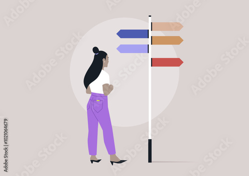 A figure stands thoughtfully at a vibrant signpost with multiple arrows, reflecting on various paths and possibilities, The backdrop suggests a contemporary, minimalistic setting