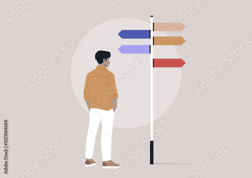 A figure stands thoughtfully at a vibrant signpost with multiple arrows, reflecting on various paths and possibilities, The backdrop suggests a contemporary, minimalistic setting