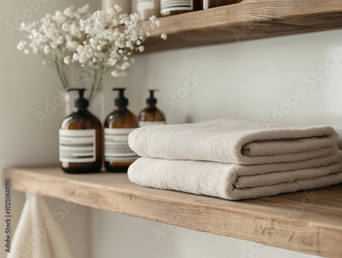Organic cotton towels neatly folded on a wooden bathroom shelf featuring delicate flowers.