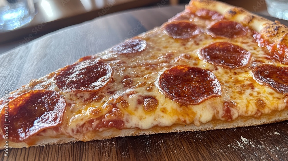 Close-up of a delicious slice of pepperoni pizza on a wooden table. Close-up of a delicious slice of pepperoni pizza on a wooden table.