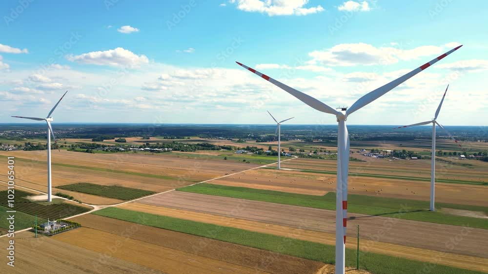 Exploring a vast wind farm with spinning turbines in rural landscape during a sunny afternoon Exploring a vast wind farm with spinning turbines in rural landscape during a sunny afternoon