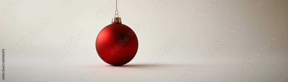 Single red Christmas ornament hanging on a thin string, minimalist holiday decoration, white backdrop, blank background Single red Christmas ornament hanging on a thin string, minimalist holiday decoration, white backdrop, blank background