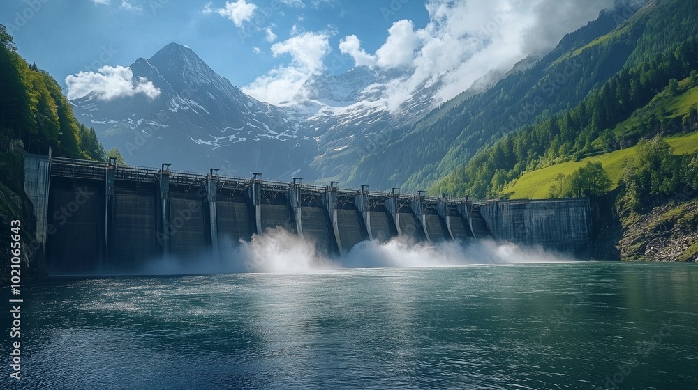 A hydroelectric dam set against a mountain range, water flowing powerfully through turbines, generating electricity in harmony with nature A hydroelectric dam set against a mountain range, water flowing powerfully through turbines, generating electricity in harmony with nature