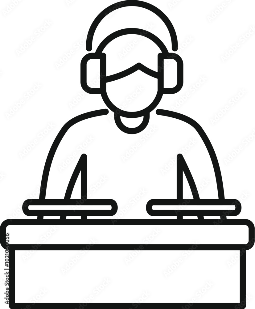 Professional dj playing music with headphones on mixer console icon Professional dj playing music with headphones on mixer console icon